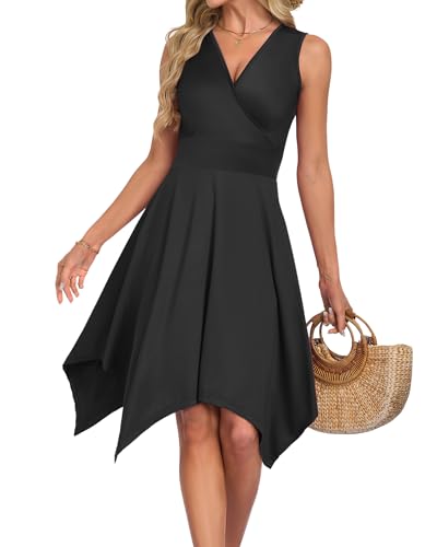 AUSELILY Black Dresses for Women Sleeveless V Neck Wrap Asymmetrical Hem Summer Mini Dress with...