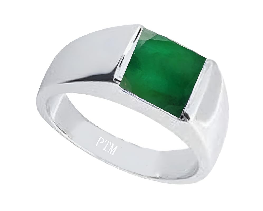 PTM 925 Sterling Silver Emerald/Panna 3.25 Ratti to 10.25 Ratti or 3 Ct to 9.35 Carat Astrological Gemstone Bis Hallmark Ring for Men & Women-Size 1-36