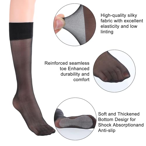 Image of 6 Pairs Sheer Nylon Ankle Socks Nude Crew Stocking for Women Thin See Through Calf High Silk Trouser Socks with Reinforced Toe For Women Girls One Size (Black Nude)