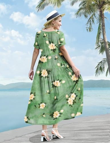 Image of YESNO Women Casual Loose Bohemian Floral Dress with Pockets Short Sleeve Long Maxi Summer Beach Swing Dress EJF