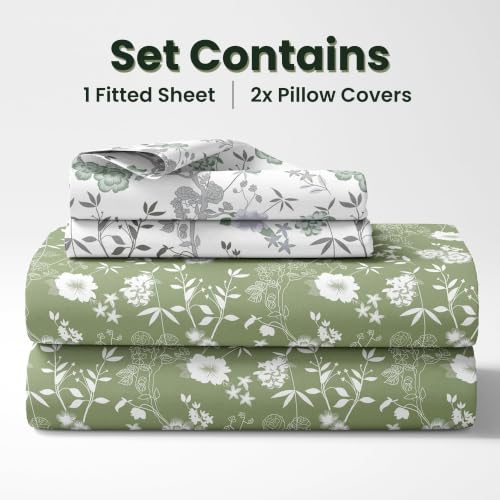 Image of LORETO - A QUALITY LINEN BRAND 144 TC 100% Pure Cotton Double /Queen Fitted Bedsheet with 2 Pillow Covers for 72 x 60 Inch Mattress, All-Around Elastic, 8 Inch Deep Pocket, Olive Green Floral Elegance