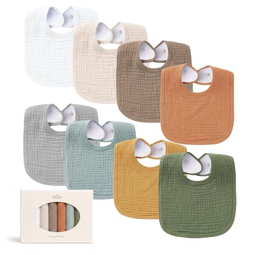 Image of Konssy 8-Pack Muslin Baby Bibs, Adjustable Fit for Drooling and Teething