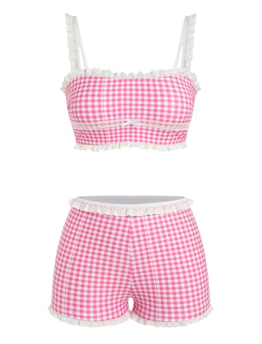 Image of ZAFUL Womens High Waisted Bikini Sets 2 Piece Plaid Ruffle Swimsuits Back Strap Top with High Waisted Shorts Bathing Suit