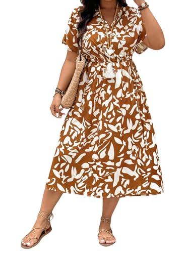 Image of Floerns Women's Plus Size Boho Hawaiian Tropical Dresses V Neck Short Sleeve Floral A Line Long Dress Vacation Beach Outfits