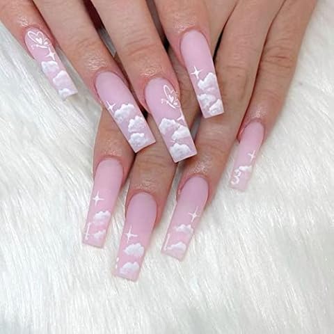 24Pcs Long Coffin Full Cover Nails Nude Pink Butterfly Ballerina Fake Nails, Press on Nails Cloud Design on for Women Girls Nail Art Manicure Decoration Cover