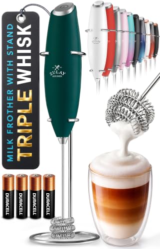 Image of Zulay Kitchen Powerful Milk Frother Wand With Duracell Batteries - Ultra Fast Handheld Drink Mixer - Electric Whisk Foam Maker for Coffee, Lattes, Cappuccino & Matcha - Triple Whisk - Moss Green