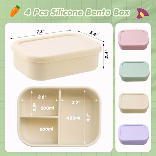Image of Layhit 4 Pcs Silicone Bento Box for Adults, 27 oz Bento Lunch Container Reusable Food Container for Women Men, Leak Proof Microwave Dishwasher Freezer Safe (3 Compartments,Desaturated Colors)