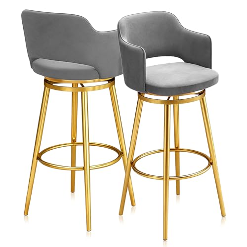 Juego de taburetes de bar giratorios de 1/2/3/4, asiento tapizado de terciopelo y reposapiés con estructura de metal for bar, cocina, isla, comedor, silla de desayuno, gris(2 PCS Gold Frame,75cm)