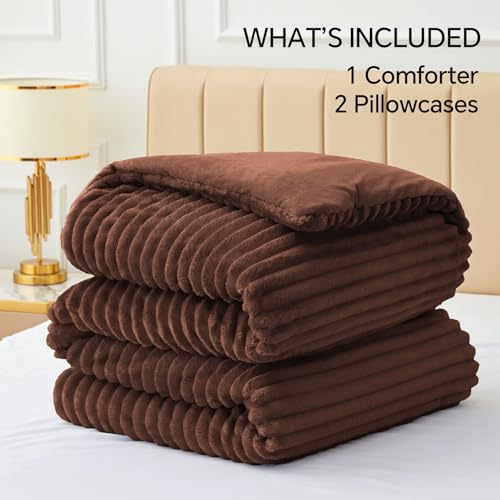 Image of BEDELITE Fleece Full Comforter Set, Fluffy Bed Set, Hot Chotolate | Super Soft & Warm Bedding, Luxury Fuzzy Faux Fur Comforter for Winter, Heavy Plush Bedding, with 2 Pillowcases