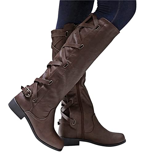 Damen Stiefelette, Damen Stiefel Biker Reitstiefel Hohe und breite Wade verstellbar mit seitlichen Knöchelriemen Mittelalterliche Renaissance Cosplay Kostümstiefel Stiefeletten Cover