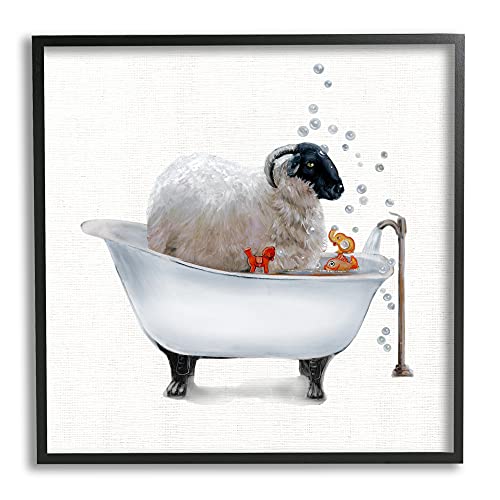 Image of 'Fluffy County Goat in Bathtub Soap Bubbles'| Framed Giclee Art | Stupell Industries | Black, 12 x 12 Inches, Easy to Hang and Sturdy, Made in USA, by Donna Brooks