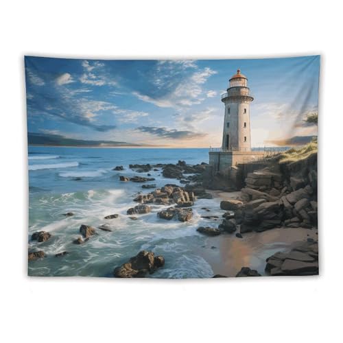 Tapisserie d'art abstrait phare de plage suspendu sans trou grand tissu polyester