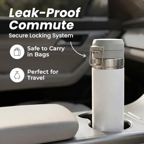 Image of HomeEssentials Insulated Stainless Steel Travel Mug, 800ml - Leakproof Vacuum Flask with One-Touch Lid, Double Wall Thermal Bottle Keeps Coffee & Tea Hot or Cold, Sleek White Design