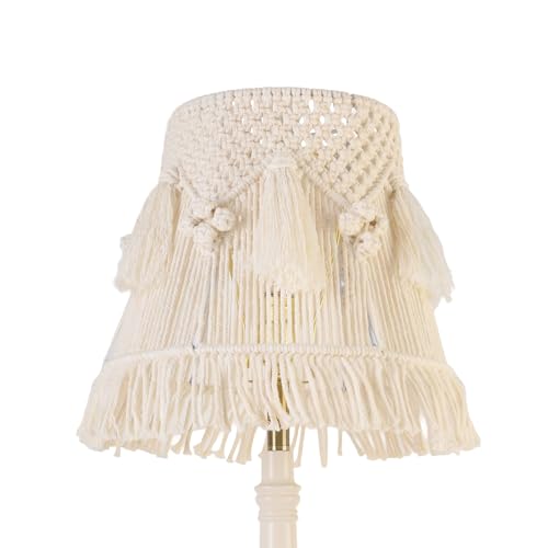 Image of JERHOUS Boho Bell Lampshade Handmade White Ivory Lamp shade 7.5``Top x 12``Bottom x 11``High(Spider) Medium Woven Lamp shade for Table Lamp & Bedside Lamp - Replacement Tassel Lampshade