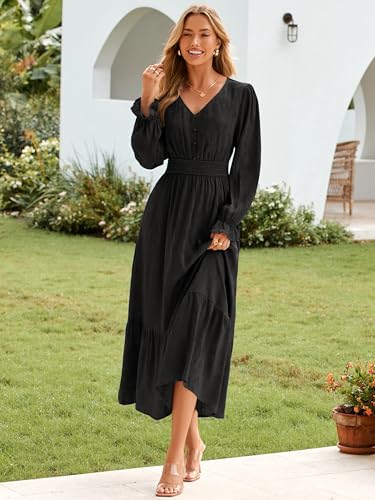 Image of BerryGo Womens Long Sleeve Empire Waist Maxi Dress V Neck Fall Wedding Guest Flowy Long Dresses
