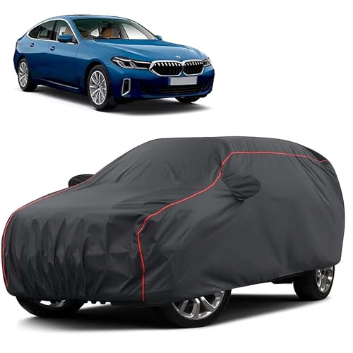 Image of Sulfar 100% Water Resistant Car Body Cover Compatible with Mirror for BMW 6GT (Triple Stitched, Full Bottom Elastic, Dark Grey Taffeta with Red Piping)