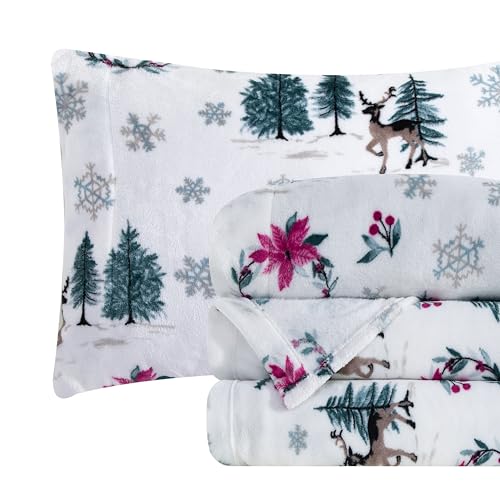 Elegant Comfort Luxuriously Soft 4-Piece Holiday Velvet Plush Flannel Sheet Set - Premium Quality - Cozy Warm, Christmas Fuzzy Velvet Flannel Fleece Deep Pocket Sheet Set - King, Christmas Wreath