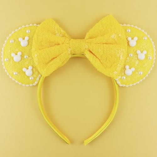 LIHELEI Mouse Ears Headband with Pearl Yellow Sequins Mouse Ears Headbands for Halloween Costume Princess Party Hair Accessories for Women- Yellow