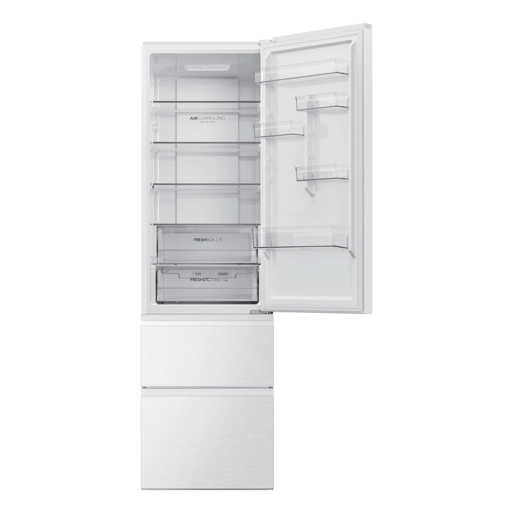Haier 3D 60 Series HTR3620CNPW - Frigorífico Combi, 414L, Cajones Direct Access, Air Surround, Motor Inverter, Cajón 0º Fresh Zone, Total No Frost, Ancho 59,5 cm, Alto 205 cm, Iluminación LED, Blanco