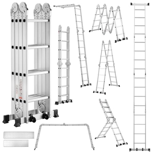 TEENO Mehrzweckleiter 4.70 M, 4x4 Stufen, 7 in 1 Aluminium Multifunktionsleiter mit 2 Abnehmbare Transportrollen und 2 Plattform, Bis 150 kg, Gelenkleiter Klappleiter Stehleiter Aluleiter 16 Sprossen