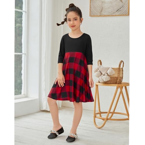 QPANCY Girls Buffalo Check Dress 3/4 Sleeve Christmas Dress Kids Casual Dresses3