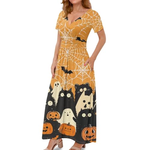 Image of Women's Fall Summer Short Sleeve Ankle Length V-Neck Party Dress with Pockets Size S-3XL