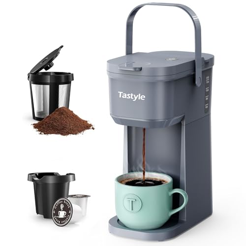Image of Tastyle Single Serve One Cup Coffee Maker, for K Cups and Grounds, Mini Coffee Maker with Portable Handle, 6 to 12 Oz Brew Size, for Travel, Camping, Office, RV and Dorm, 120V, Cool Gray