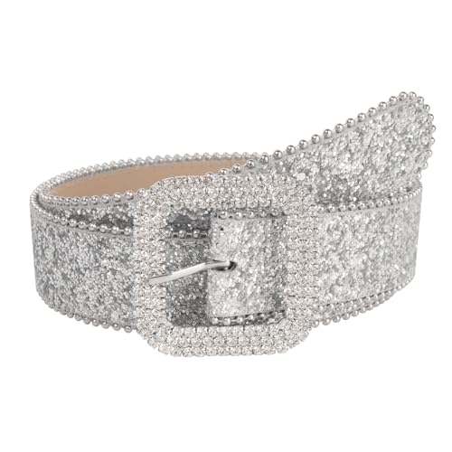 Women Rhinestone Western Belt with Silver Diamond Buckle Sparkly