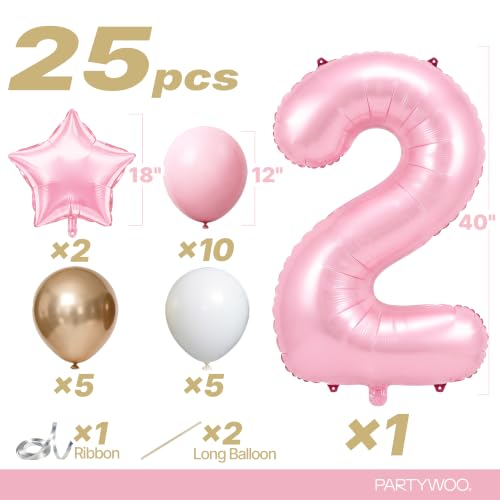Image of PartyWoo Baby Pink Number 2 Balloon 40 Inch 25pcs Pink Foil Star White Gold