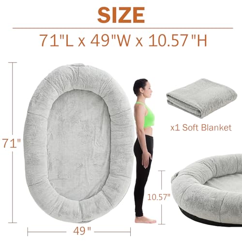 Large Human Dog Bed for Adults - Washable Fluffy Faux Fur with Soft Blanket - 75.5x 55x 12 - Light Grey
