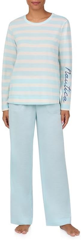 Nautica Womens Matching Long Sleeve Pajama Top & Pants Set - Lightweight French Terry - Sleepwear & Loungewear PJs Sets