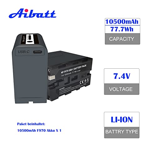 Aibatt NP-F970 10.5Ah akku,Ersatzakku für Sony NP-F970 F960 F750 F550,mit Typ-C-Aufladung,PD 30W,Kompatibel mit Sony DCR-VX2100, DSR-PD150, DSR-PD170, FDR-AX1, HDR-FX1, HDR-FX7 und LED-Licht, Monitor - Image 3