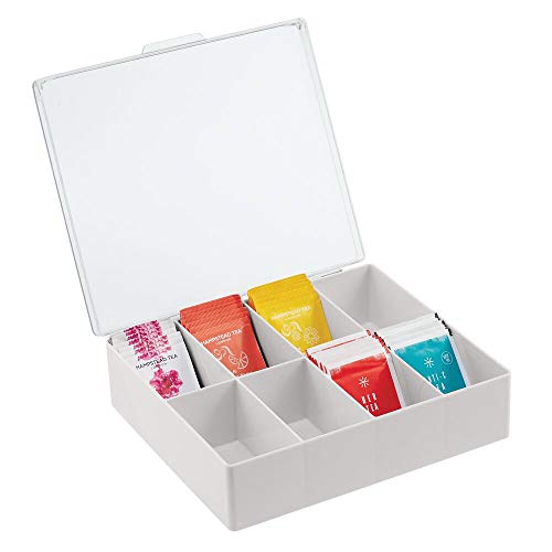 mDesign Tea Storage Organizer Box - 8 Divided Sections, Easy-View Hinged Lid - Use in Kitchen, Pantry, and Cabinets; Holder for Tea Bags, Packets, Small Items and Accessories - Light Gray