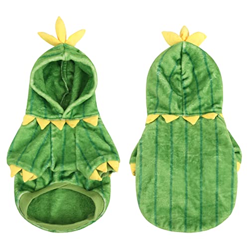 ASENKU Hunde-Kaktus-Kostüm, Flanell-Hunde-Pyjama-Outfit, Welpen-Kapuzenpullover Kleidung Hunde-Fleece-Pullover für kleine mittelgroße Hunde (Klein, Grün) Cover