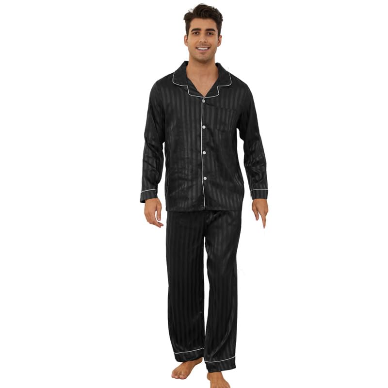 U2SKIINSilk Pajamas for Men, Long Sleeve Men Satin Pajamas Set Striped Button Down 2-Piece Pjs Set