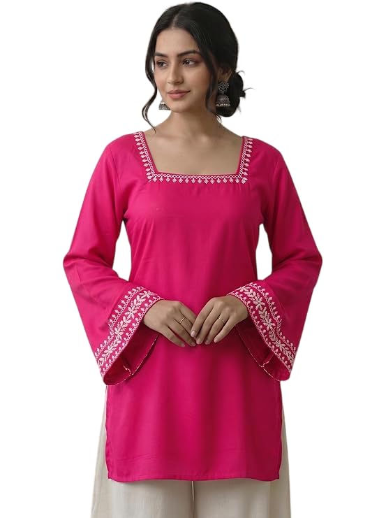 Image of MAHIRA'S Comfort Women's Short Kurti, Rayon Tunic Top with 3 /4 Embroidered Designer Sleeves | Soft Breathable Fabric | Office & Casual Kurti for Jeans, Leggings & Trousers
