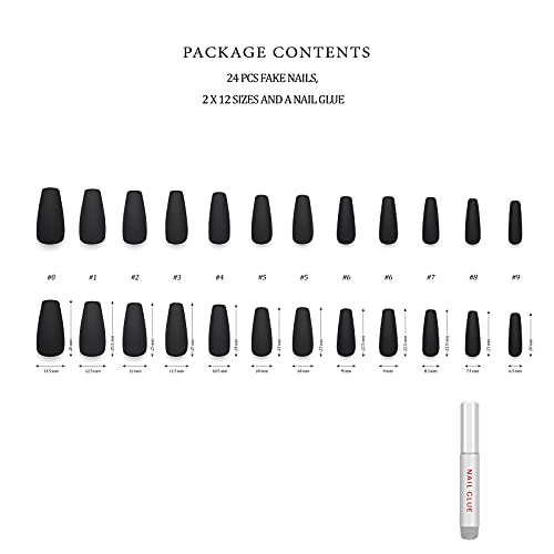 Hypnaughty 24 Pcs Noir Black Matte Luxury Coffin Press On Nails With Glue Medium Long Solid Black Color False Nails (Noir) #TOP1