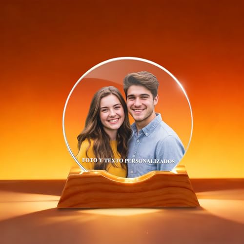 Bola de cristal personalizada com foto e texto, com base de madeira bola de floco de neve de Natal, ideal para aniversários, casamentos e Natal (texto fotográfico personalizado 1)