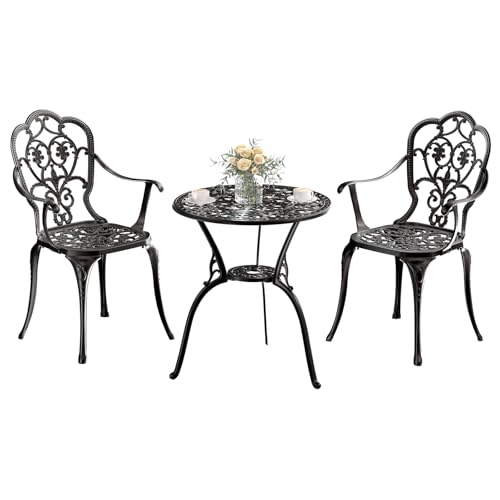 Z1UVDFUR Patio Bistro Set of 2, Cast Aluminum, Outdoor Set w/Umbrella Hole, 3 Piece Table and Chairs Set, Bistro Set for Backyard/Garden/Lawn, Black