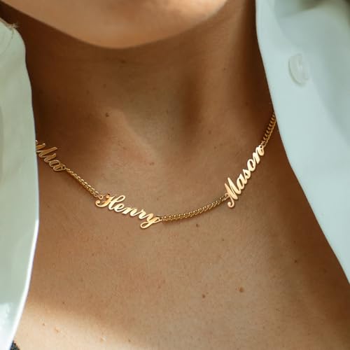Personalized Name Necklace with Curb Chain, 18K Gold Plated Handmade Custom Family Choker Customized Child Nameplate Necklace Mother's Day Jewelry Gift for Mom, Wife (3 Names Necklace)2
