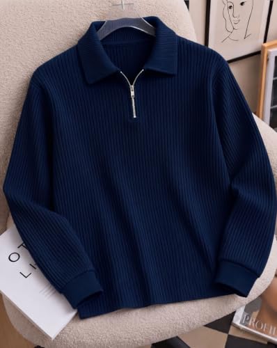 Image of AUSK Men's Cotton Blend Rib Knit Textured Full Sleeve Polo T-Shirt | Regular Fit Zip Polo Neck Smart Casual T Shirt for Men | Stylish Fashion & Casual Wear Tshirt for Men