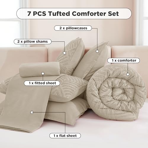 Image of Andency Oatmeal Super King Plus Size Comforter Set with Sheets - 7 Pieces Bed in a Bag Boho Tufted Bedding Sets Fluffy Lightweight Oversized King Bed Set with Comforter, Sheets, Pillowcases & Shams