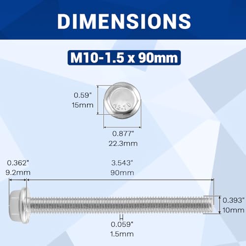 Image of M10-1.5 x 90mm Serrated Flange Hex Bolts + Flange Nut + Flat Washer + Lock Washer Combo Pack, 304 Stainless Steel 18-8, for Automotive & Machinery, 6 Sets
