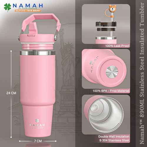 Image of Namah Insulated Tumbler with Straw 890 ml & Handle Leak Proof Stainless Steel Vacuum Sipper Bottle Hot & Cold Water Tumbler for Office Gym Travel Car Cup Holder Friendly (Bubblegum-pop)