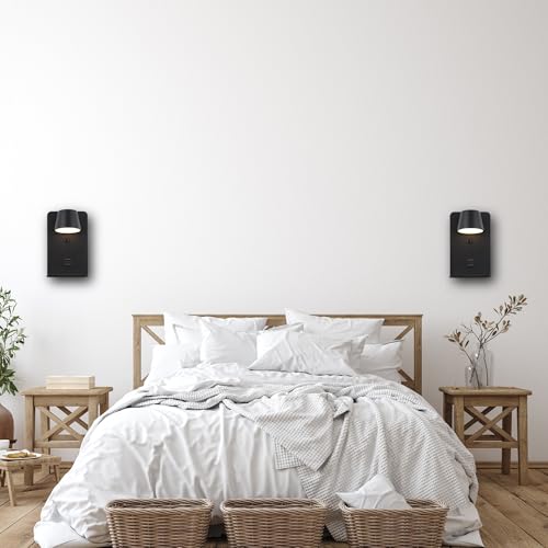 Image of DEC LUCE DECOLUCE LIGHTING Modern LED Plug in Wall Sconce, Dimmable Wireless Wall Light Fixtures with Shelf and USB Port, 6W,600LM, Rotatable Small Reading Wall Lamp for Bedroom Bedside, Black