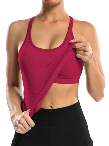 Image of ATTRACO Ribflex Ribbed Workout Tank Tops for Women with Built in Bra Racerback Scoop Neck Athletic Top