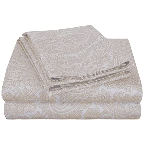 Superior 600 Thread Count Cotton Blend Bed Sheet Set, Italian Paisley Design, Includes 1 Fully Elastic Deep Pocket Fitted Sheet, 1 Flat Sheet, 2 Pillowcases, Sateen Weave, Queen, White