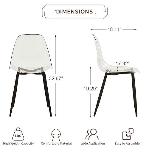 Baysitone Clear Dining Chairs Set of 8, Modern Kitchen Chairs with Transparent Seat, Acrylic Accent Side Chairs with Plating Metal Legs for Dining Room, Kitchen, Living Room with Black