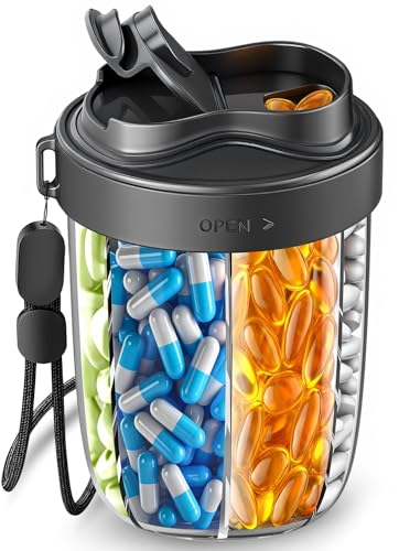Large Pill Organizer with 7 Large Compartments - Portable Pill Dispenser for Travel, Anti-Mix Design & Wide Opening Design, Easy Access to Vitamin Dispenser, Includes 20 Blank Stickers (Black)