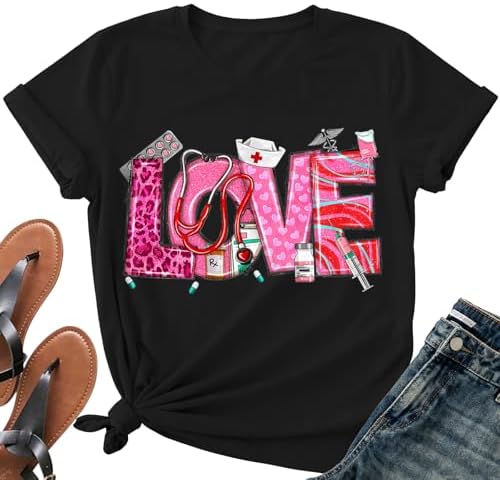Valentines Day Nurse Shirt Women-Cute Valentines Love Short Sleeve Nursing School Tee Tops